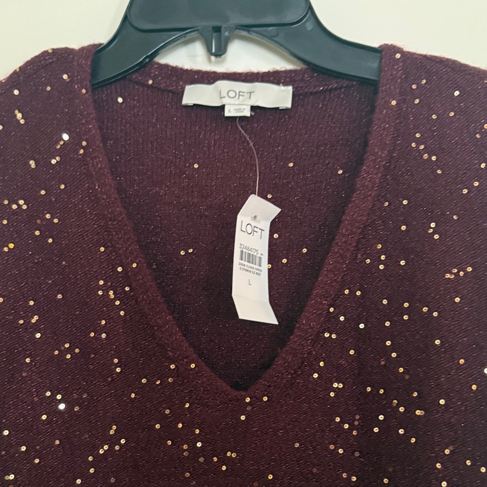 Loft Maroon V-Neck Sweater with Sequin Details NWT - Picture 2 of 3